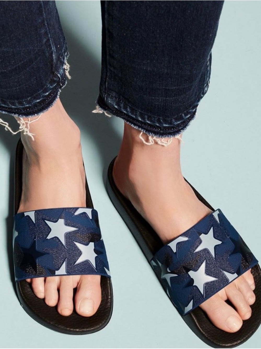 Valentino Navy Star Pattern Slide Sandals - Women